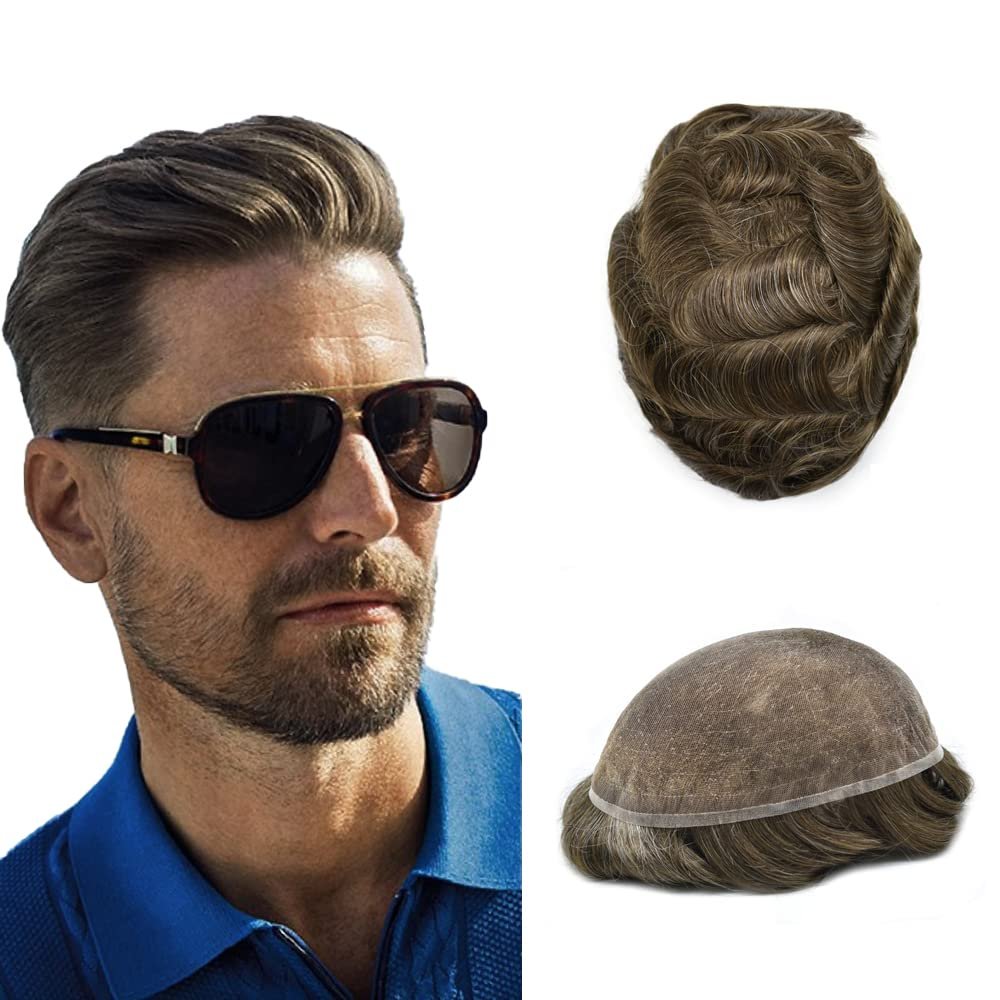 Toupee for Men Human Hair Replacement Systems Full French Lace Hair Systems Swiss Lace Toupee Hairpieces Bleached Knots All Lace Male Wig Unit 7X9"-120% density#420 Medium Brown with 20% Gray