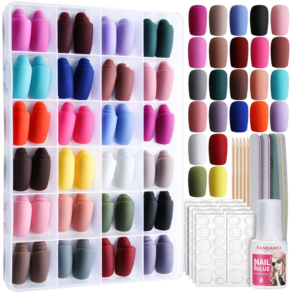FANDAMEI Matte Press on Nails, 24 Packs 576PCS Press on Nails Medium Square Matte, Lightweight Natural Fake Nails Full Cover, False Nails with Glue