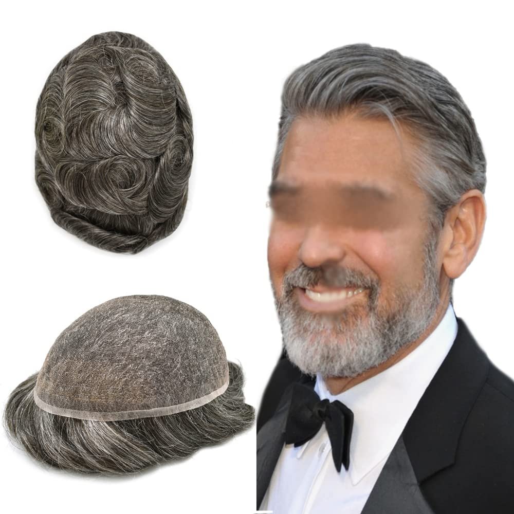 Toupee for Men Human Hair Replacement Systems Full French Lace Hair Systems Swiss Lace Toupee Hairpieces Bleached Knots All Lace Male Wig Unit 8X10"-100% density#240 Darkest Brown with 40% Gray