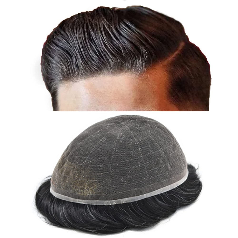 Toupee for Men Human Hair Replacement Systems Full French Lace Hair Systems Swiss Lace Toupee Hairpieces Bleached Knots All Lace Male Wig Unit 8X10"-120% density#1B20 Off Black with 20% Gray