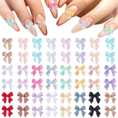 HINZIC 240 Pcs Aurora Bow Nail Charm 3D Bows Nail Charm Colorful Bowknot Charm for Acrylic Nails Cute Butterfly Pearl Resin Rhinestone Glitter Christmas Wedding Prom Accessories