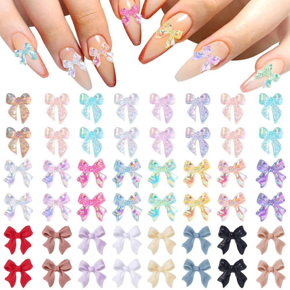 HINZIC 240 Pcs Aurora Bow Nail Charm 3D Bows Nail Charm Colorful Bowknot Charm for Acrylic Nails Cute Butterfly Pearl Resin Rhinestone Glitter Christmas Wedding Prom Accessories