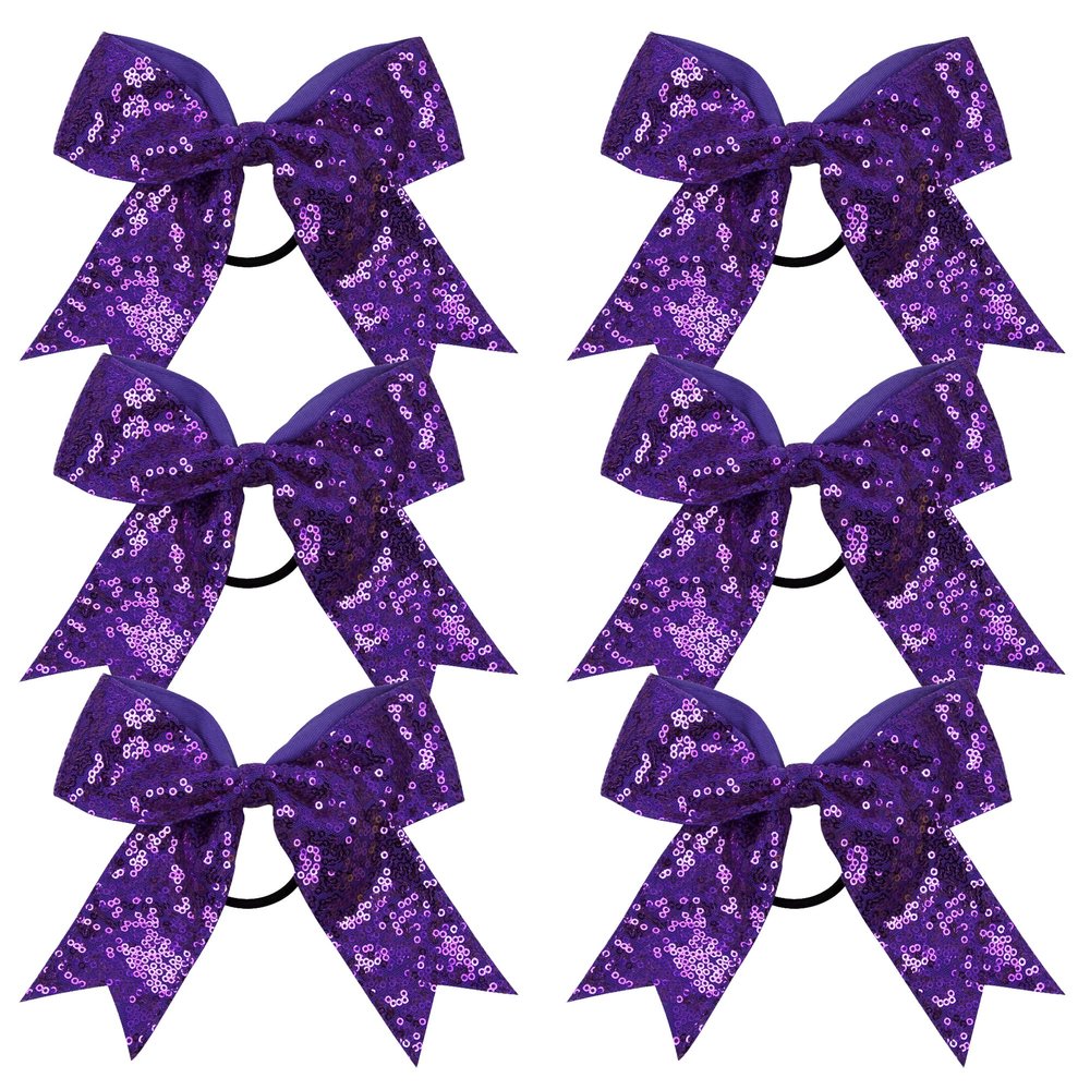 Metallic Sequin and Holographic 6 Inch Cheer Bow Cheerleader Cheerleading Jumbo Cheer Bow Hair Tie Hair Bow School (Purple)