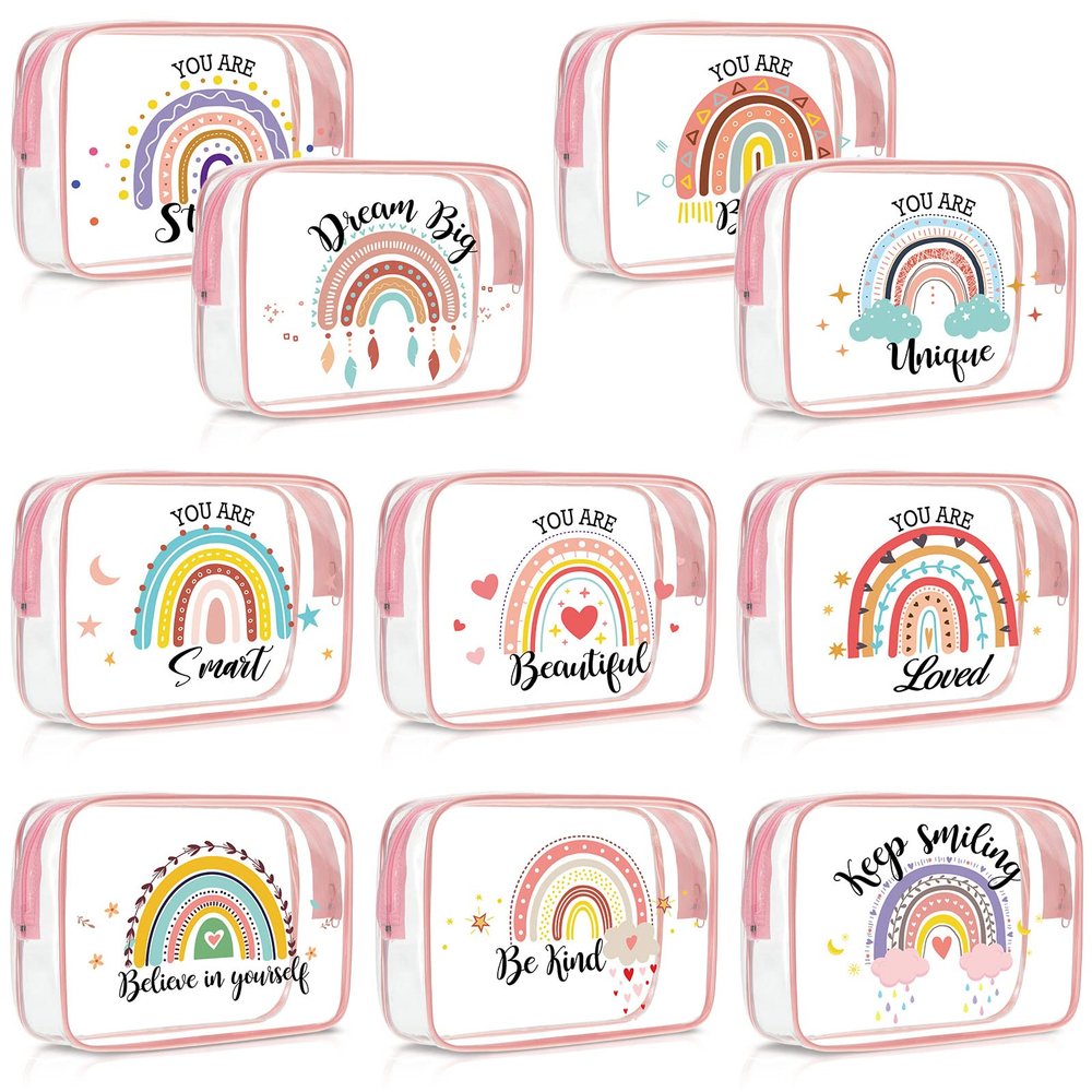 Kacctyen 10 Pcs Rainbow Clear Makeup Bag Women Gifts Inspirational Quotes Waterproof PVC Cosmetic Bags Portable Multifunction Pouch for Graduation Friend Sister Nurse Gift Travel Vacation Organization