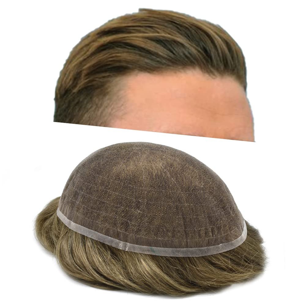 Toupee for Men Human Hair Replacement Systems Full French Lace Hair Systems Swiss Lace Toupee Hairpieces Bleached Knots All Lace Male Wig Unit 8X10"-100% density#710 Very Light Brown with 10% Gray