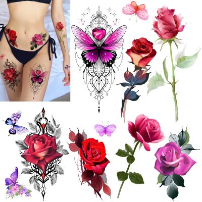 ROARHOWL Stunning rose flower temporary tattoos, large rose fake tattoos for women,rose tattoo set (Rose 2)