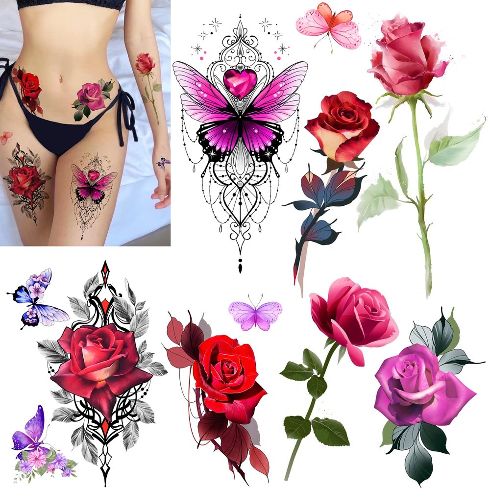 ROARHOWL Stunning rose flower temporary tattoos, large rose fake tattoos for women,rose tattoo set (Rose 2)