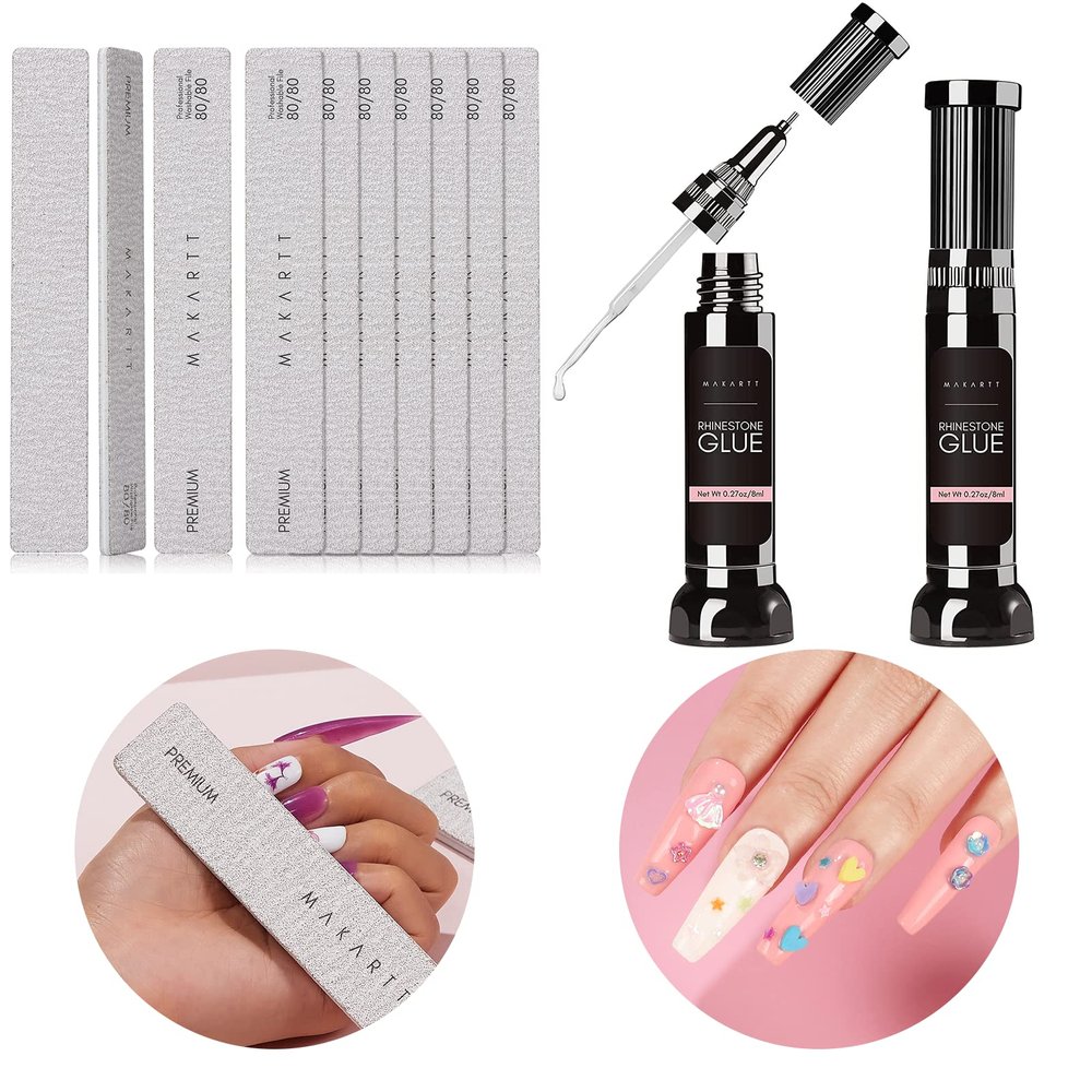 Makartt Nail Rhinestone Glue Gel Bundle with Nail File 80 80 Grit Emery Boards for Nails 10pcs Nail Files for Acrylic Nails