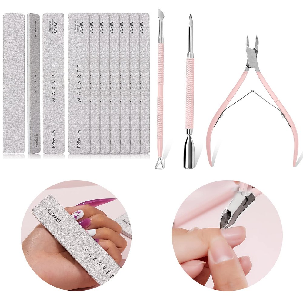 Makartt Cuticle Trimmer with Cuticle Pusher, 3 PCS Pink Nippers Nail Cuticle Bundle with Nail File 80 80 Grit Emery Boards for Nails 10pcs Nail Files for Acrylic Nails
