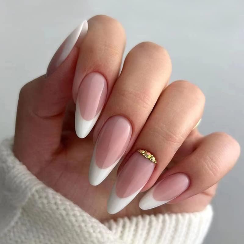 FRUJCDKI Medium French Tip Press-On Nails, French Rhinestone Almond Press-On Nails, Short Glue Press-On Nails, Reusable Fake Nails - Set of 24 Nails With Adhesive Labels