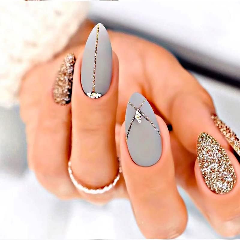 FRUJCDKI Medium French Tip Press-On Nails, Gray Rhinestone Almond Press-On Nails, Short Glue Press-On Nails, Reusable Fake Nails - Set of 24 Nails with Adhesive Tabs