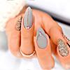 FRUJCDKI Medium French Tip Press-On Nails, Gray Rhinestone Almond Press-On Nails, Short Glue Press-On Nails, Reusable Fake Nails - Set of 24 Nails with Adhesive Tabs view 1