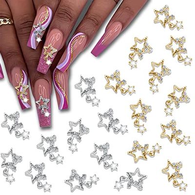 20Pcs Alloy Star Nail Charms 3D Metal Star Nail Gems Nail Rhinestones Shiny Crystal Nail Art Charms Bling Rhinestones Nail Charms For Acrylic Nails DIY Manicure Jewelry Accessories Women Nail Decoration Supplies