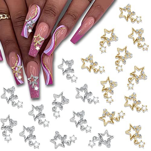 20Pcs Alloy Star Nail Charms 3D Metal Star Nail Gems Nail Rhinestones Shiny Crystal Nail Art Charms Bling Rhinestones Nail Charms For Acrylic Nails DIY Manicure Jewelry Accessories Women Nail Decoration Supplies