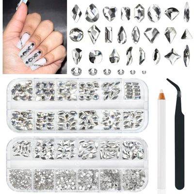 qiipii 24 Styles Silver Clear Nail Rhinestones Multi Shapes Flatback K9 Glass Crystal White Gems Round Beads Stones Diamonds Jewels Nail Art Charms for Nails Face Eyes Makeup DIY Crafts Clothes Shoes
