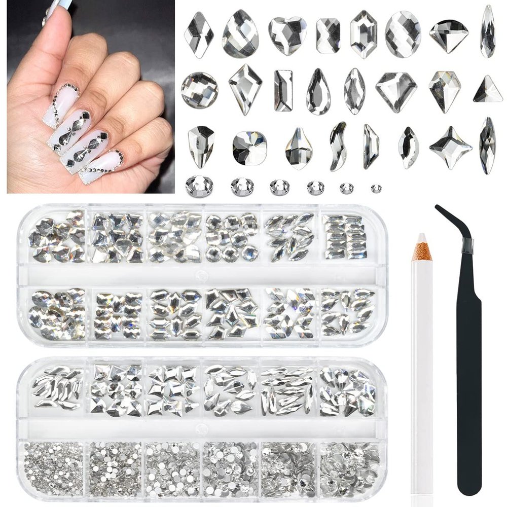 qiipii 24 Styles Silver Clear Nail Rhinestones Multi Shapes Flatback K9 Glass Crystal White Gems Round Beads Stones Diamonds Jewels Nail Art Charms for Nails Face Eyes Makeup DIY Crafts Clothes Shoes