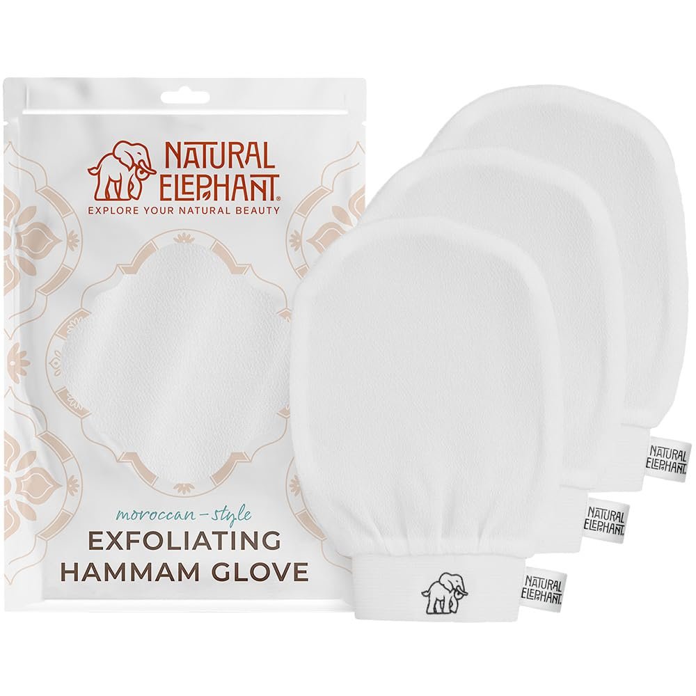 Natural Elephant Exfoliating Hammam Glove | Authentic Moroccan Kessa Body Scrub Mitt for Spa-Quality Skin Renewal | Pearl White 3 Pack