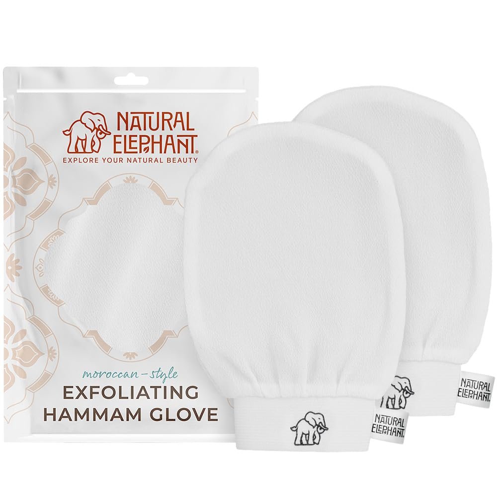 Natural Elephant Exfoliating Hammam Glove | Authentic Moroccan Kessa Body Scrub Mitt for Spa-Quality Skin Renewal | Pearl White 2 Pack
