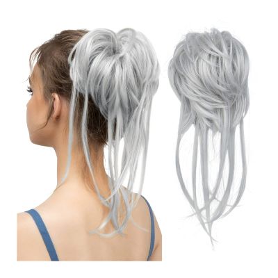 Messy Bun Hair Tousled Updo Messy Bun Hair Piece Chignon Ponytail Extensions with Elastic Rubber Band Curly Scrunchies Ponytail Hairpiece for Women Real Human Hair Buns (Color : Light Silver Grey)