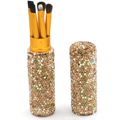Bestbling Bling Bling Portable 5-Piece Makeup Brush Set for Eyeshadow and Eyebrows with Rhinestone Barrel Packaging (Gold)