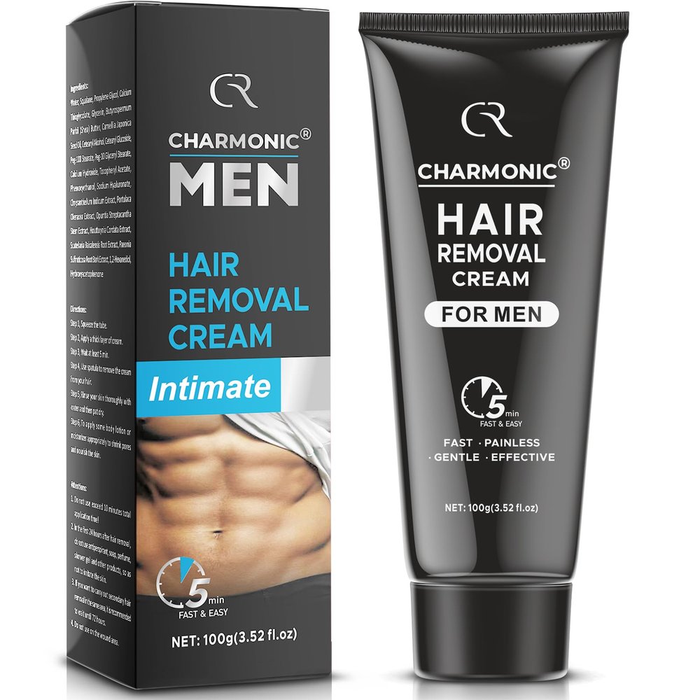 Charmonic Hair Removal Cream, Intimate/Private Area Hair Remover for Men, Fast & Painless Hair Removal for Underarm, Chest, Back, Legs, and Arms, 5 Min Remover of Unwanted Coarse Male Body Hair