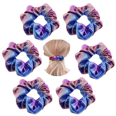 6 Pcs Bright Hologram Metallic Dance Recital Hair Scrunchies Cheer Majorette Scrunchie Hair Holder Bobbles Elastics Ponytail Holders Hair Wrist Ties Bands Cloth Scrunchies for Show Gym Dance Party Club Girl (Blue Brown)