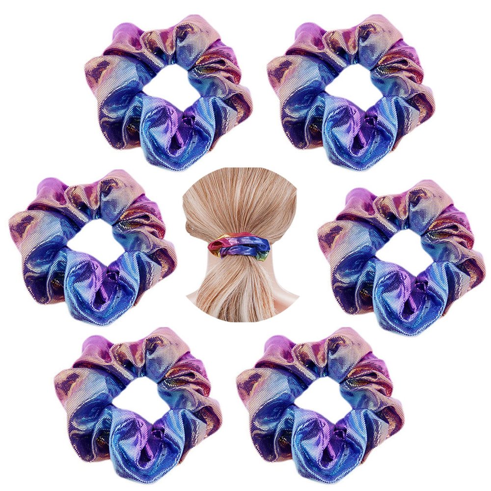 6 Pcs Bright Hologram Metallic Dance Recital Hair Scrunchies Cheer Majorette Scrunchie Hair Holder Bobbles Elastics Ponytail Holders Hair Wrist Ties Bands Cloth Scrunchies for Show Gym Dance Party Club Girl (Blue Brown)