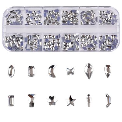 240pcs Sparkling Clear White Mini Multiple Shapes Nail Rhinestones Hotfix Flat Back Glass Gems for Cloth Shoes DIY Crafts Ornaments Acrylic Nails Decoration Kit Box