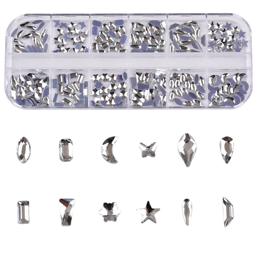 240pcs Sparkling Clear White Mini Multiple Shapes Nail Rhinestones Hotfix Flat Back Glass Gems for Cloth Shoes DIY Crafts Ornaments Acrylic Nails Decoration Kit Box