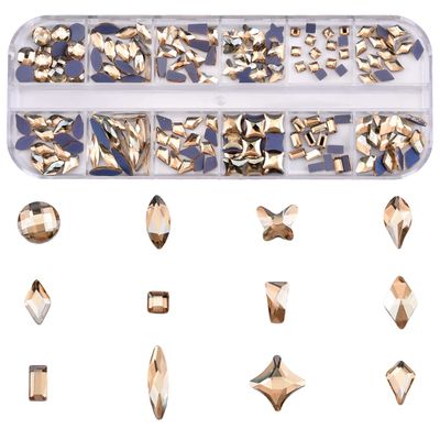 180pcs Glass Flatback Champagne Rhinestones Nail Art 3D 12 Styles Stone Charms for Nails Decoration Beauty DIY Crafts Box Kit Supplies