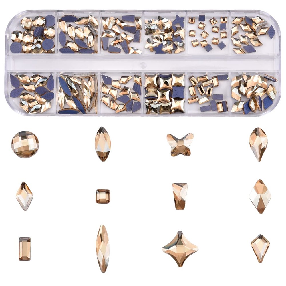 180pcs Glass Flatback Champagne Rhinestones Nail Art 3D 12 Styles Stone Charms for Nails Decoration Beauty DIY Crafts Box Kit Supplies