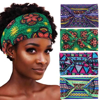 Aceorna African Headbands Boho Knotted Hairbands Stretch Wide Head Wraps Elastic Yoga Turban Hair Scarfs Workout Printed Hair Accessories for Women Pack of 4 (Style G)