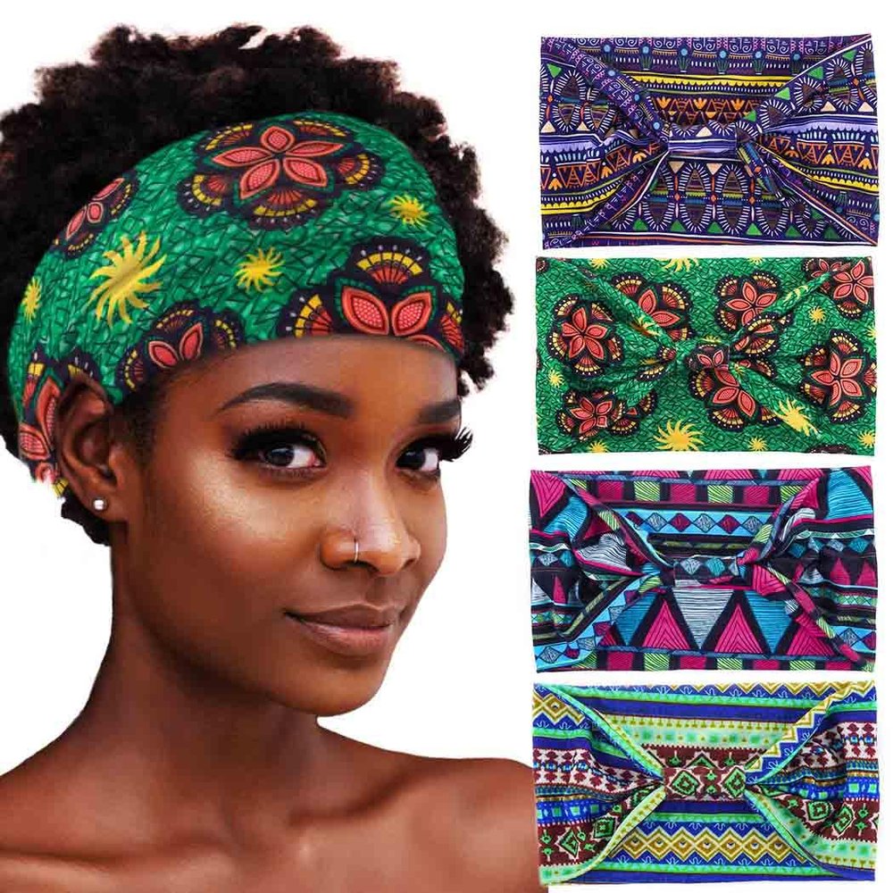 Aceorna African Headbands Boho Knotted Hairbands Stretch Wide Head Wraps Elastic Yoga Turban Hair Scarfs Workout Printed Hair Accessories for Women Pack of 4 (Style G)