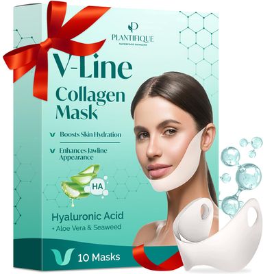 PLANTIFIQUE V-Line Collagen Mask for face 10 PCS | Chin Strap for Women & Men | V Line Lifting Mask with Collagen and Hyaluronic Acid V Shape Face Tape Chin | Skin Firming