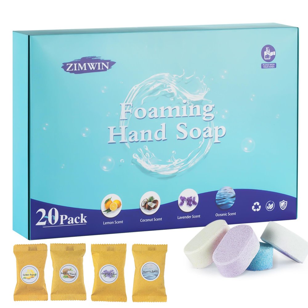 Zimwin 20 Pack Foaming Hand Soap Tablet Refills, 4 Scent, 12g Big Tablets, Makes 240 fl oz Soap Total, Eco Friendly Hand Wash Tablets Lemon, Coconut, Oceanic, Lavender Fragrance