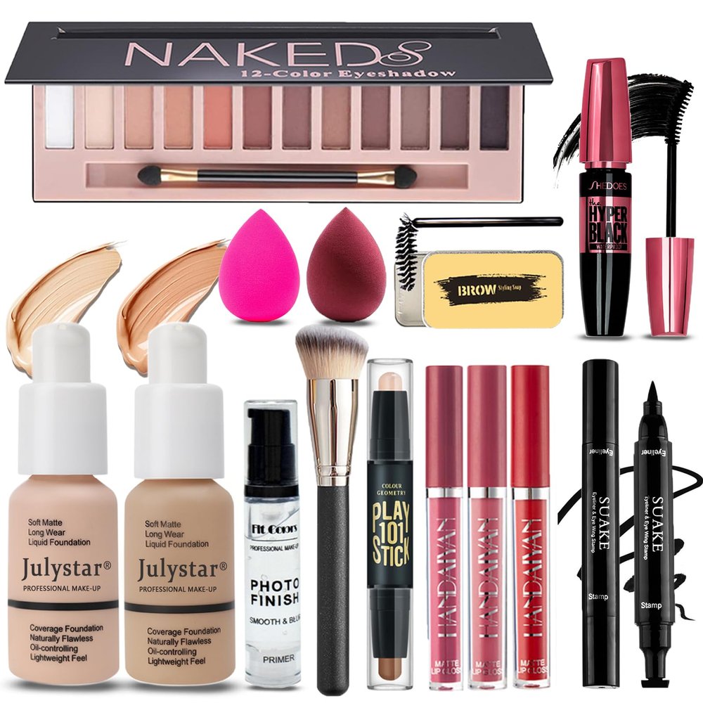 All in One Makeup Kit for Women Full Kit, Makeup Set 12 Colors Eyeshadow, Foundation & Primer, Lipsticks, Eyeliner, Mascara, Contour Stick, Brow Soap, Brush & Sponge, Make Up Gift Set for Women, Teens