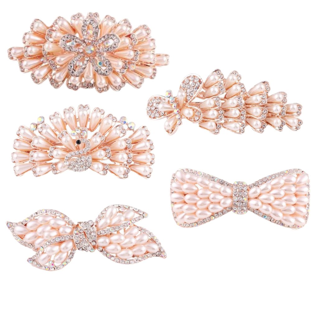 Szydbhd set optional French hair clip vintage wedding hair clip gold-plated inlaid artificial rhinestone pearls suitable for gifts (5-piece set)