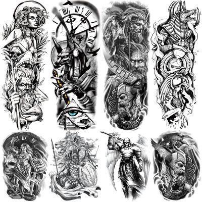 Greek Warrior Temporary Tattoo Sleeve for Men, 4-Sheet Full Arm Large Realistic Poseidon Knight Fake Tattoo Sleeve Adult Women and 4-Sheet Black Eye Greek Myth Half Arm Temp Tatoo Sticker Leg Body Art