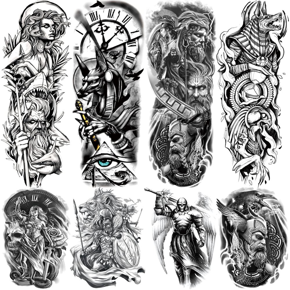 Greek Warrior Temporary Tattoo Sleeve for Men, 4-Sheet Full Arm Large Realistic Poseidon Knight Fake Tattoo Sleeve Adult Women and 4-Sheet Black Eye Greek Myth Half Arm Temp Tatoo Sticker Leg Body Art