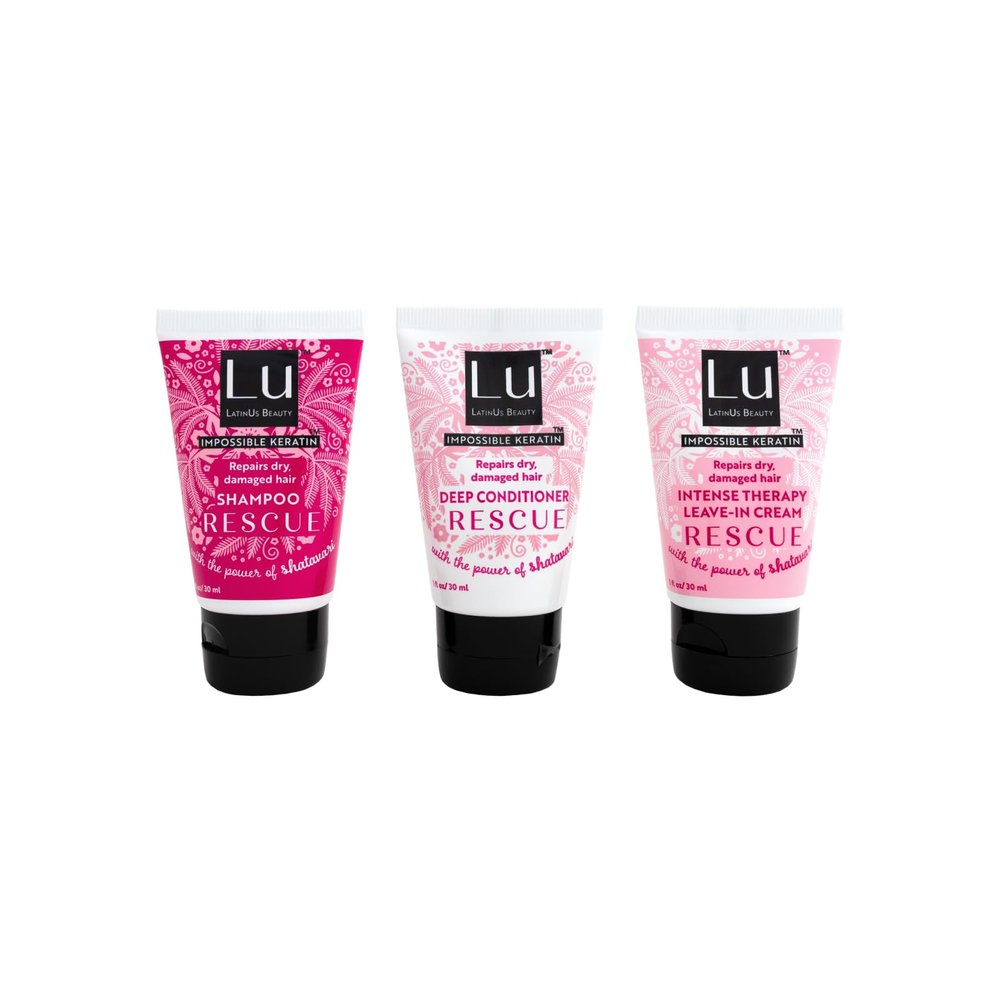 LATINUS BEAUTY RESCUE Travel Size Collection: Impossible Keratin Anti-Frizz Shampoo + Conditioner + Leave-In Cream for Dry, Damaged Hair (1 oz bottles)
