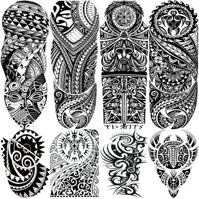 Tribal Totem Temporary Tattoo Sleeve for Men Women, 4-Sheet Full Arm Large Hawaiian Tribal Viking Fake Sleeve Tattoo Adult and 4-Sheet Black Polynesian Turtle Half Temp Tatoo Sticker Thigh Leg Body