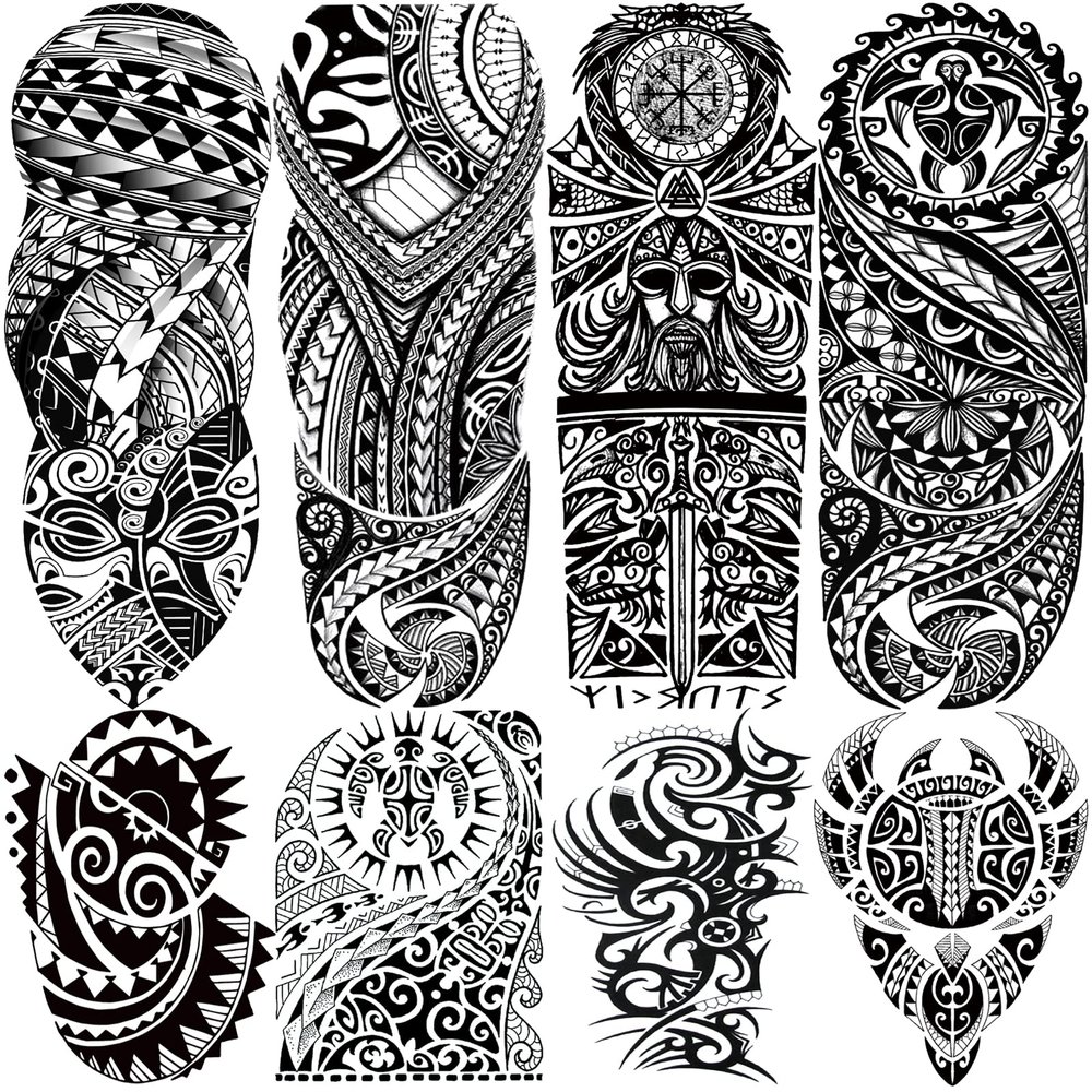 Tribal Totem Temporary Tattoo Sleeve for Men Women, 4-Sheet Full Arm Large Hawaiian Tribal Viking Fake Sleeve Tattoo Adult and 4-Sheet Black Polynesian Turtle Half Temp Tatoo Sticker Thigh Leg Body