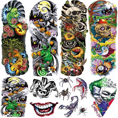 Colorful Temporary Tattoo Sleeve, 4-Sheet Full Arm Watercolor Realistic Fake Sleeve Tattoo Sticker Halloween and 4-Sheet Large Skull Joker Half Temp Tatoo Leg Party Favor Body Art