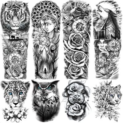 Flower Forest Temporary Tattoo Sleeve for Women Leg, 4-Sheet Full Arm Realistic Tiger Wolf Floral Fake Tattoo Sleeve Adult Girl and 4-Sheet Large Black Half Temp Tatoo Sticker Thigh Makeup Body Art