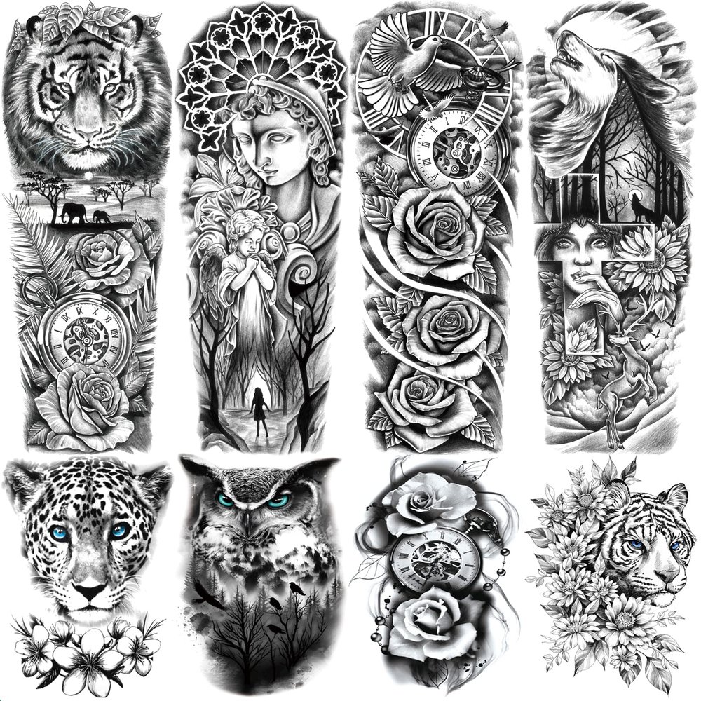 Flower Forest Temporary Tattoo Sleeve for Women Leg, 4-Sheet Full Arm Realistic Tiger Wolf Floral Fake Tattoo Sleeve Adult Girl and 4-Sheet Large Black Half Temp Tatoo Sticker Thigh Makeup Body Art