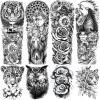 Flower Forest Temporary Tattoo Sleeve for Women Leg, 4-Sheet Full Arm Realistic Tiger Wolf Floral Fake Tattoo Sleeve Adult Girl and 4-Sheet Large Black Half Temp Tatoo Sticker Thigh Makeup Body Art view 1