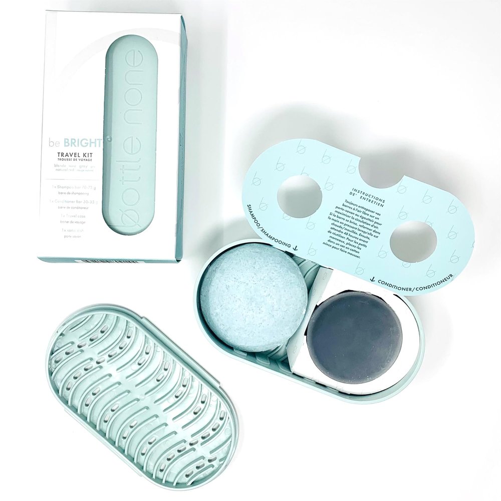 BOTTLE NONE | be BRIGHT Travel Set Includes be Bright Shampoo and Conditioner Bars for Blond, Natural Red & Grey Hair with Travel Soap Dish | PH Balanced/Salon Grade/Natural | 50+ Washes