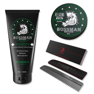 Bossman Men's Grooming Kit: Metal Comb, Relaxing Beard Balm, and Fortify Intense Beard Conditioner