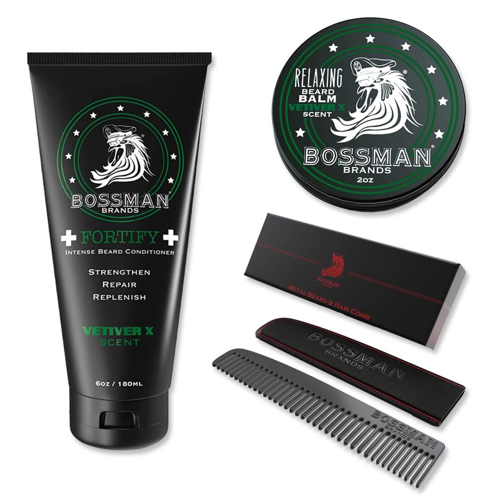 Bossman Men's Grooming Kit: Metal Comb, Relaxing Beard Balm, and Fortify Intense Beard Conditioner