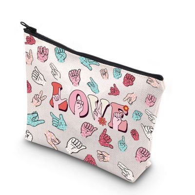 WCGXKO Sign Language Heart Makeup Bag Asl Gift Asl Interpreter Deaf Gift Gift for Asl Teacher Asl Zipper Pouch (LOVE HAND)